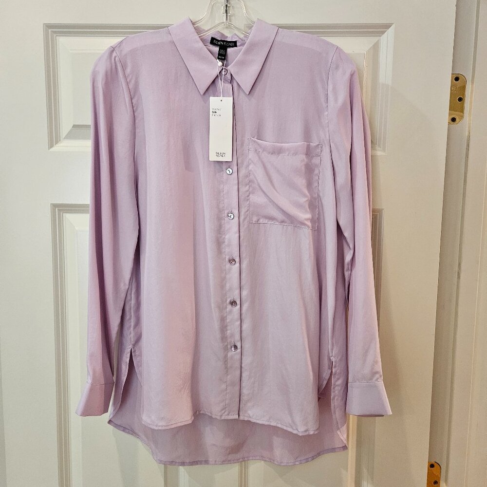 NWT Eileen Fisher Lavender Washed Silk Habutai Classic Collared Shirt; XS